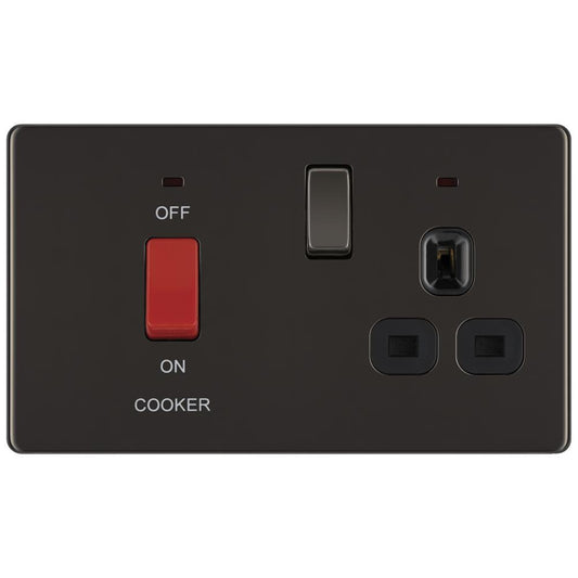 BG FBN70B 45A Cooker Connection Unit Switched Socket with Power Indicator Grey Surround - Screwless Flatplate - Black Nickel