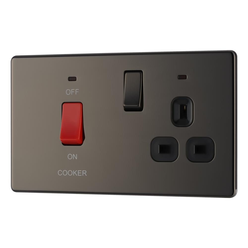 BG FBN70B 45A Cooker Connection Unit Switched Socket with Power Indicator Grey Surround - Screwless Flatplate - Black Nickel