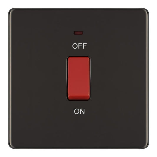 BG FBN74 45A Double Pole Switch with Indicator Single Plate - Screwless Flatplate - Black Nickel