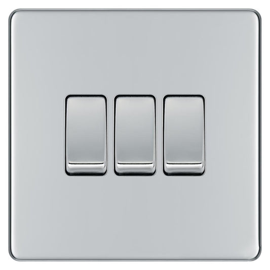 BG FPC43 10AX 3 Gang 2 Way Plate Switch - Screwless Flatplate - Polished Chrome