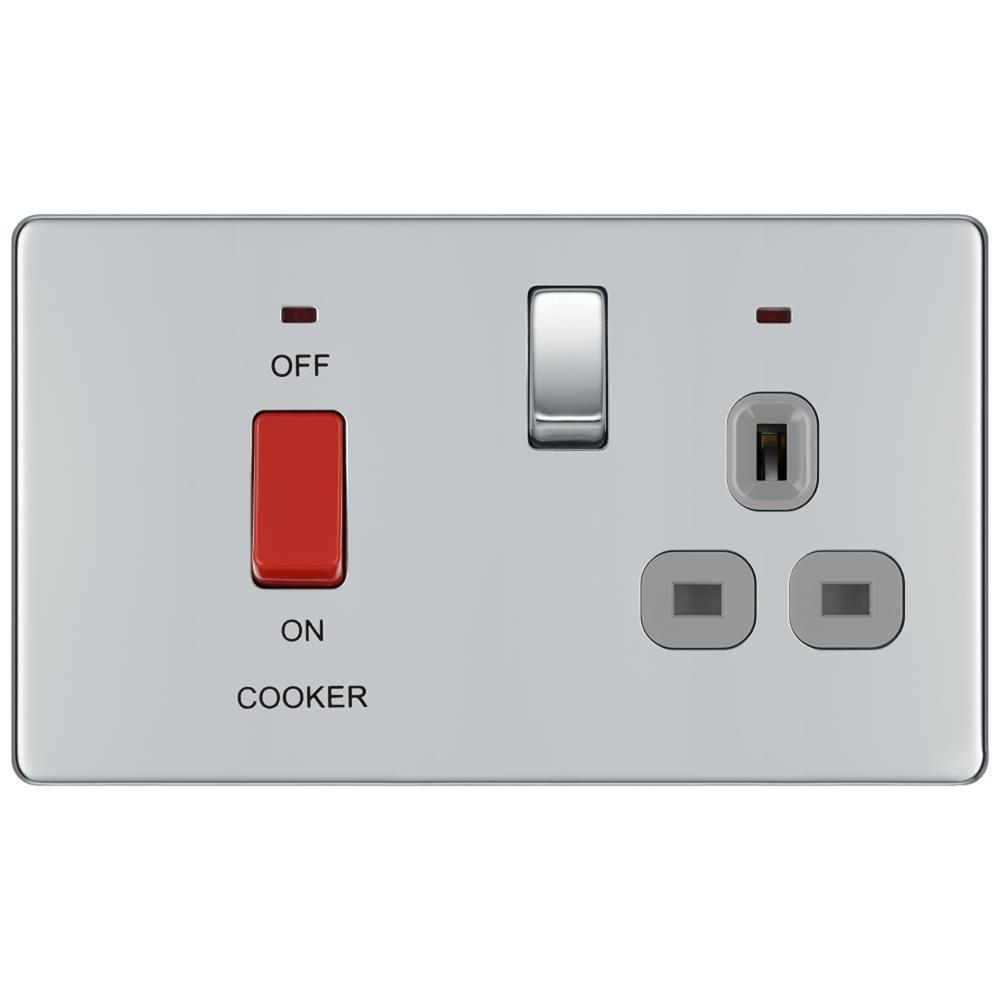 BG FPC70G 45A Cooker Connection Unit Switched Socket with Power Indicator Grey Surround - Screwless Flatplate - Polished Chrome