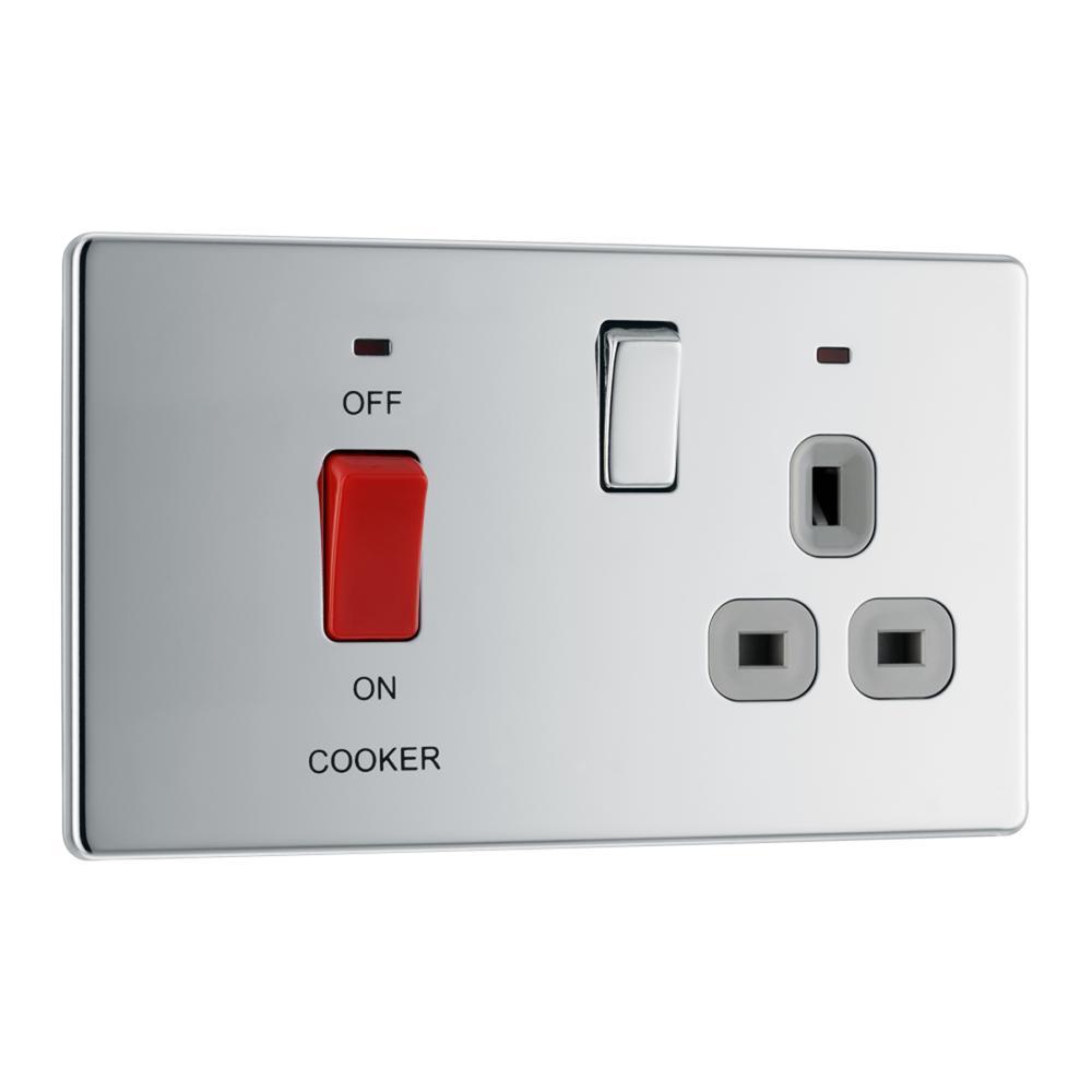 BG FPC70G 45A Cooker Connection Unit Switched Socket with Power Indicator Grey Surround - Screwless Flatplate - Polished Chrome