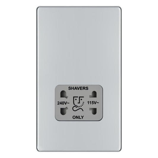 BG FPC20G Shaver Socket 115/230V Dual Volt Grey Surround - Screwless Flatplate - Polished Chrome