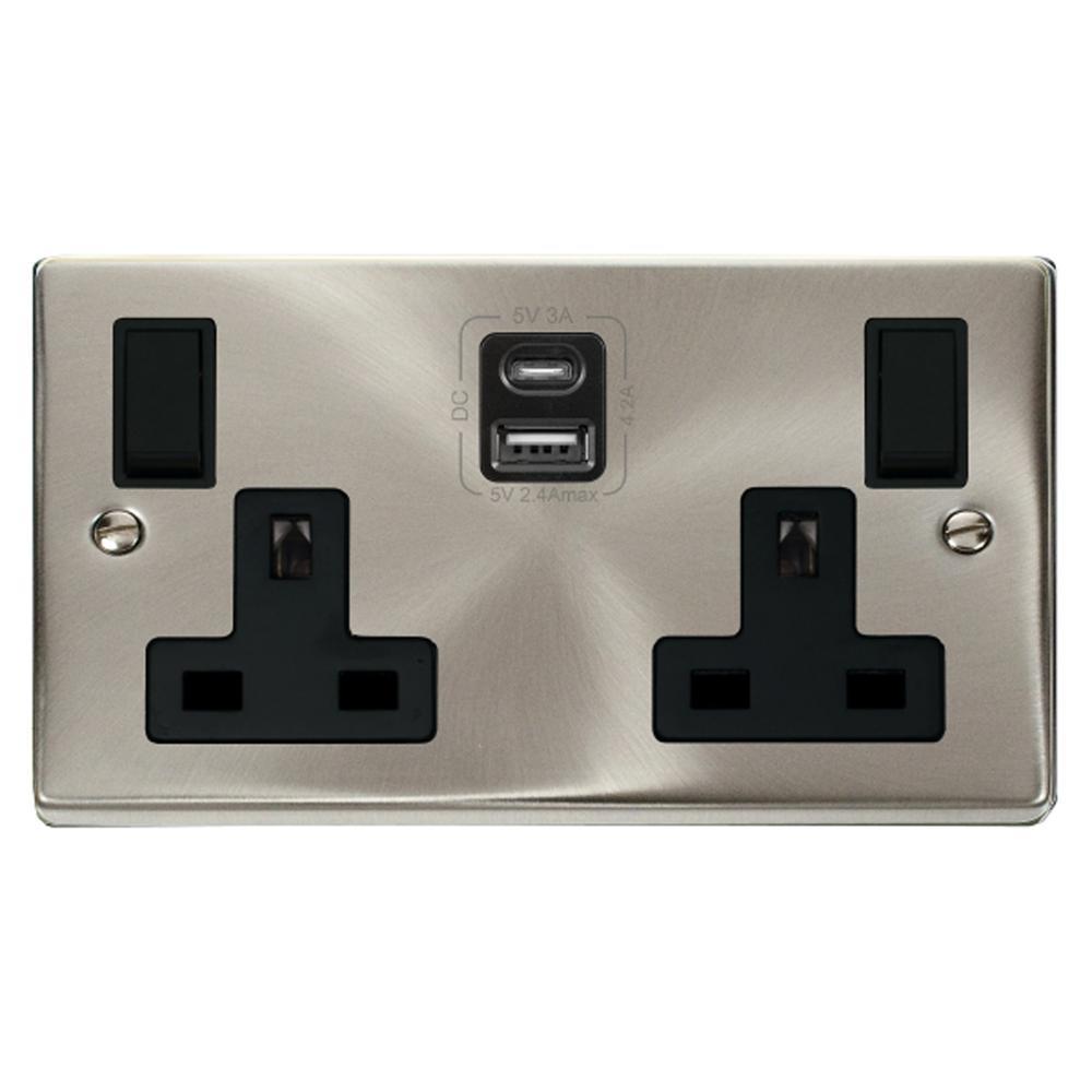 SCOLMORE Deco VPSC786BK 13A 2 Gang SP Switched Socket With 1 x 1A Type A x 3A Type C USB Charger Mode