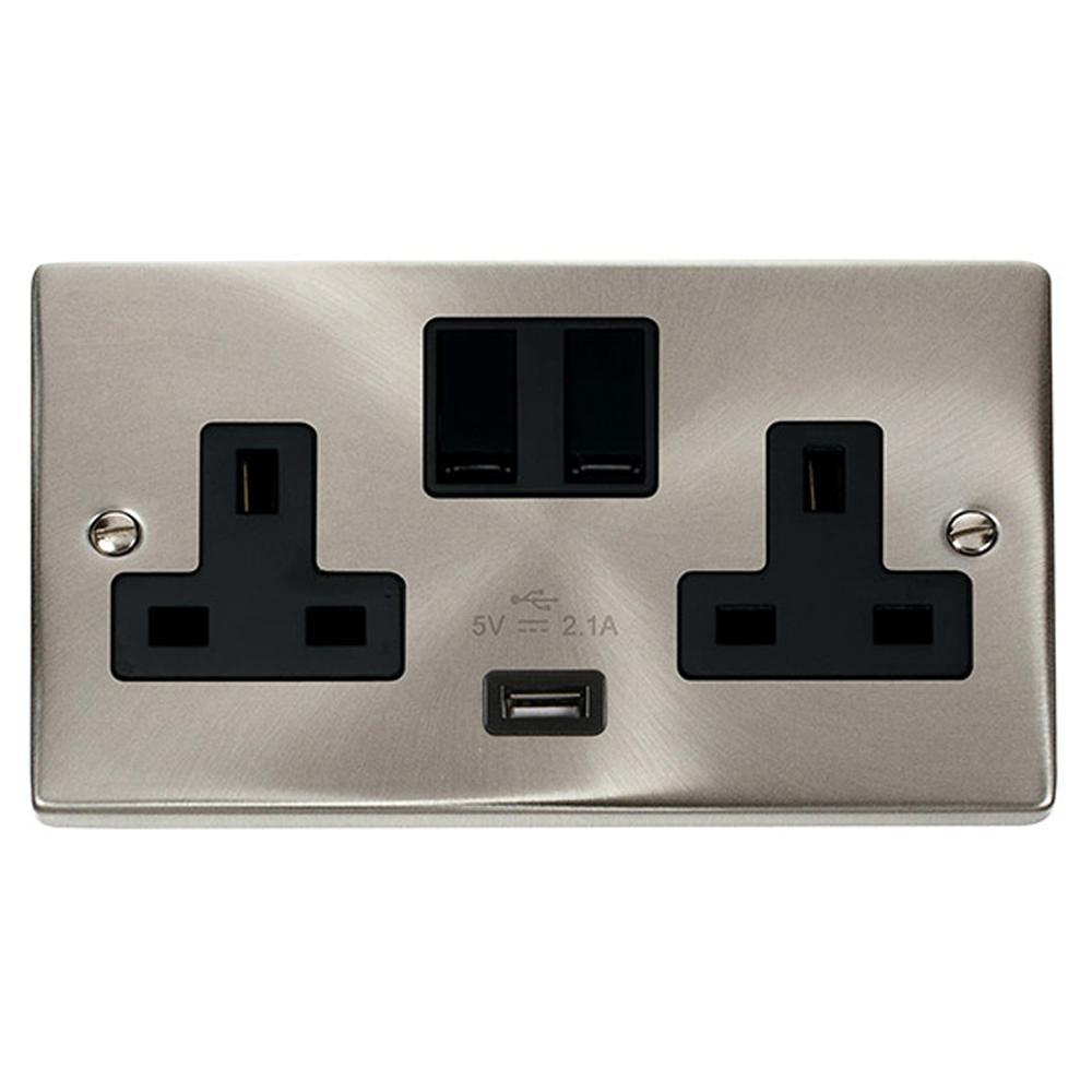 SCOLMORE Deco VPSC770BK 13A 2 Gang Switched Socket With 2.1A USB Outlet (Twin Earth) - Black