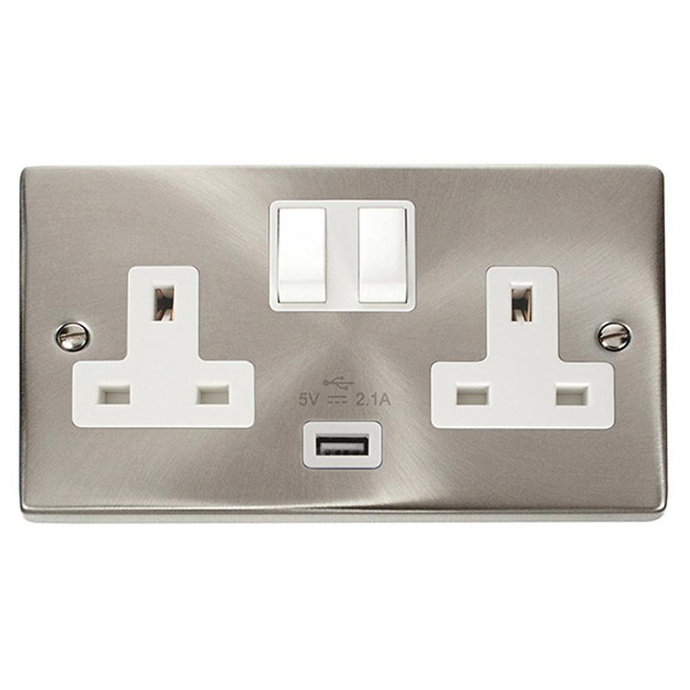 SCOLMORE Deco VPSC770WH 13A 2 Gang Switched Socket With 2.1A USB Outlet (Twin Earth) - White