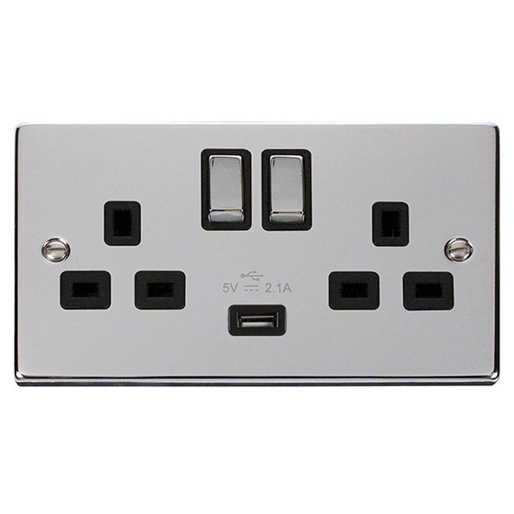 SCOLMORE Deco VPCH570BK 13A Ingot 2 Gang Switched Sockets With 2.1A USB Outlet (Twin Earth) - Black